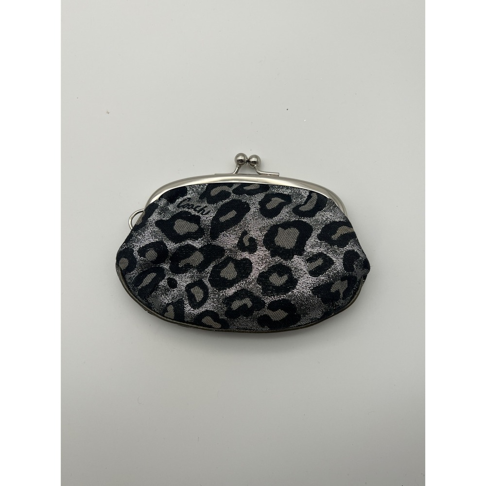 COACH Coin Purse OS Black Silver EUC Y2K Ocelot Leopard Metallic Bow Kiss Lock - Picture 3 of 8